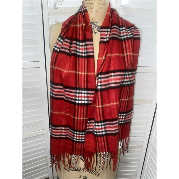 V. FRAAS Accessories - New W/ Tags V. Fraas Cashmink Red, Black & White Plaid Scarf Fringes 54”x 11”